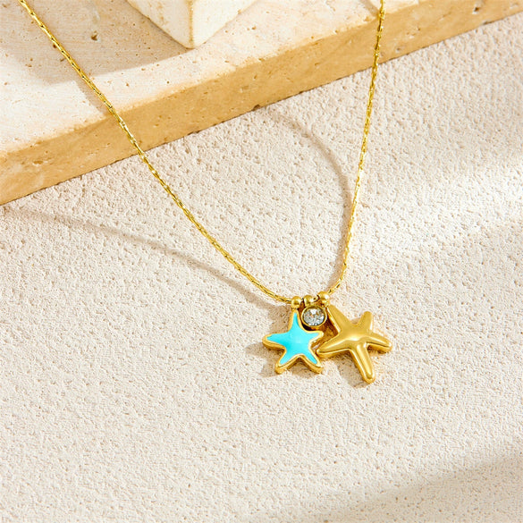 Ladies Stainless Steel Goldplated Necklace With Fashion Simple Fresh Oil Dripping Blue Starfish Pendant And Snake Bone Chain