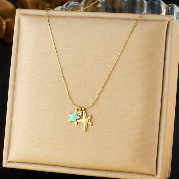 Ladies Stainless Steel Goldplated Necklace With Fashion Simple Fresh Oil Dripping Blue Starfish Pendant And Snake Bone Chain