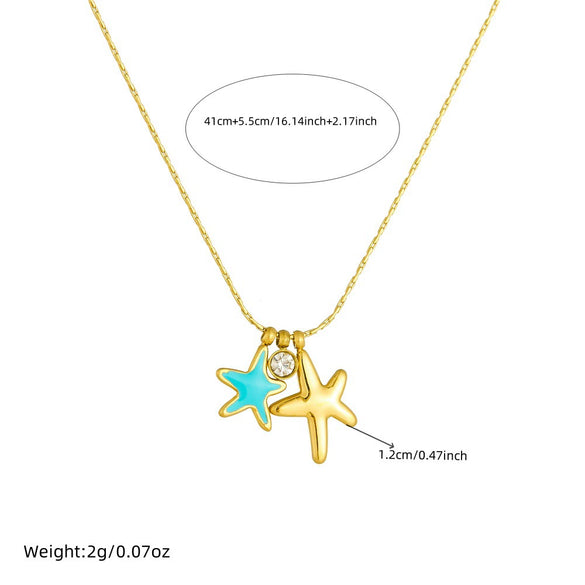 Ladies Stainless Steel Goldplated Necklace With Fashion Simple Fresh Oil Dripping Blue Starfish Pendant And Snake Bone Chain