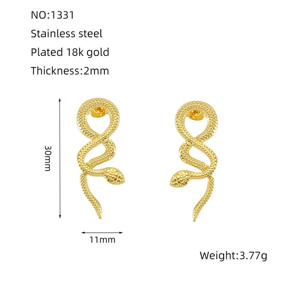 Ladies 316L Stainless Steel 18K Gold Plated Snake Earrings Animal Style