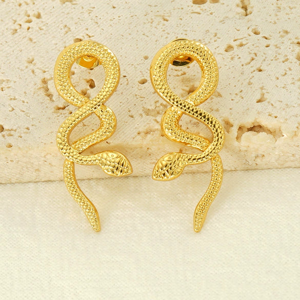 Ladies 316L Stainless Steel 18K Gold Plated Snake Earrings Animal Style