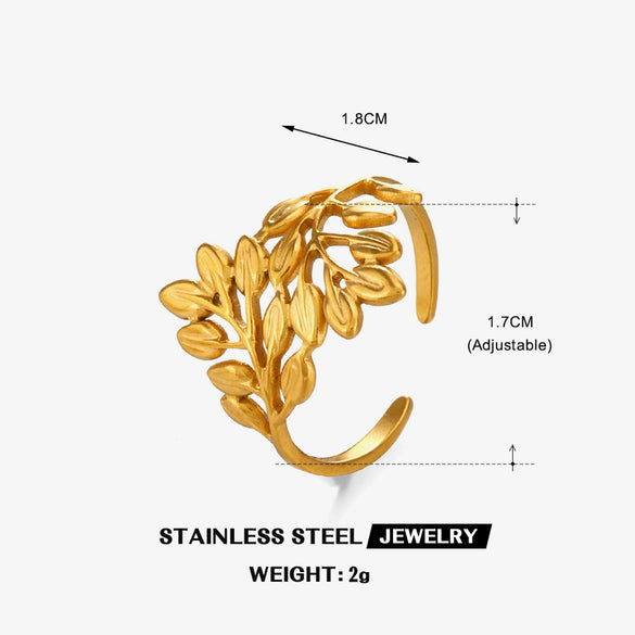 Ladies Stainless Steel Leaf Ring With Electroplating Plants And Flowers Style Hip Hop Retro