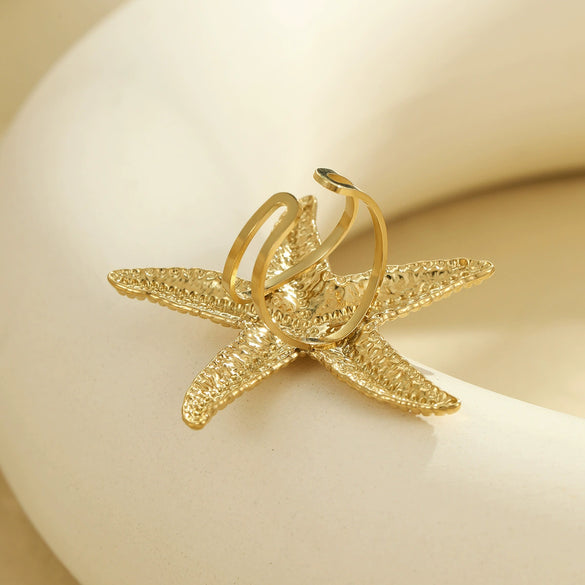 Ladies Stainless Steel Open Metal Starfish Ring Electroplated Light Luxury Style