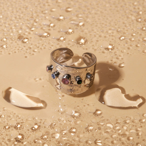 Ladies Stainless Steel Open Personality Ring With Color Zircon Electroplated In Geometric Style
