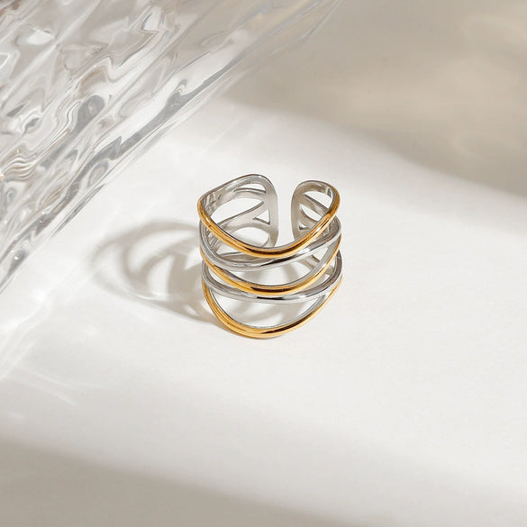 Ladies Stainless Steel Ring With Gold And Silver Color Matching Geometric Pattern And Electroplating