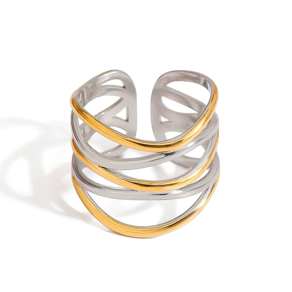 Ladies Stainless Steel Ring With Gold And Silver Color Matching Geometric Pattern And Electroplating