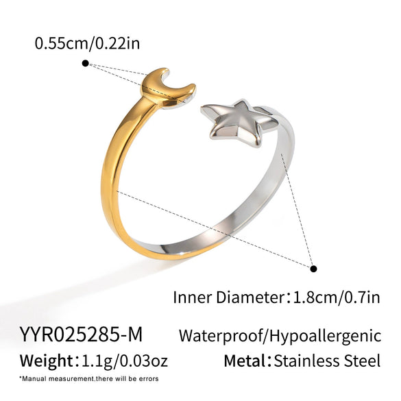 Ladies Stainless Steel Star And Moon Color Matching Geometric Ring With Electroplating Opening Elegant Non Fading Waterproof Jewelry