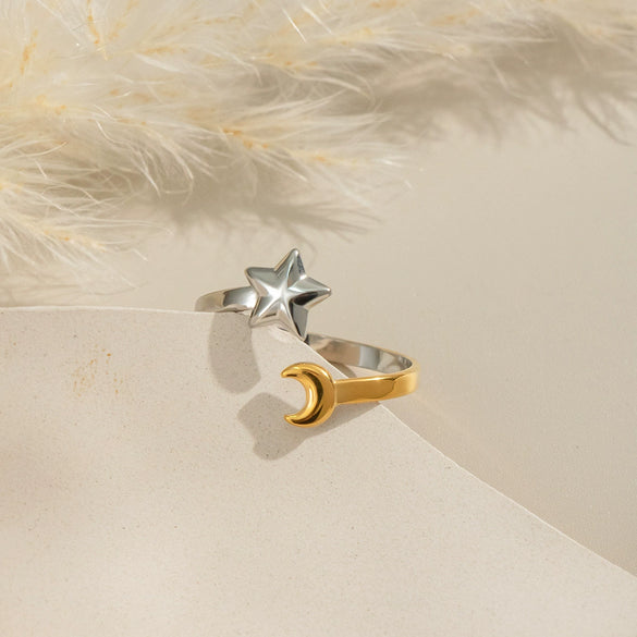 Ladies Stainless Steel Star And Moon Color Matching Geometric Ring With Electroplating Opening Elegant Non Fading Waterproof Jewelry