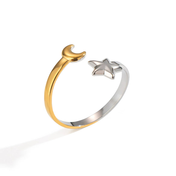 Ladies Stainless Steel Star And Moon Color Matching Geometric Ring With Electroplating Opening Elegant Non Fading Waterproof Jewelry