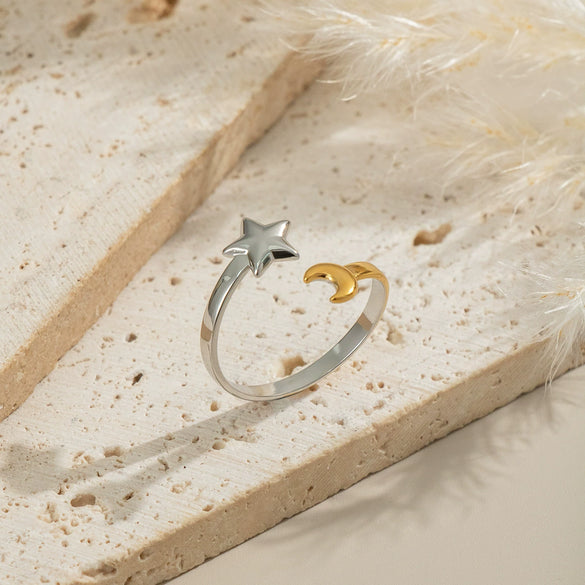 Ladies Stainless Steel Star And Moon Color Matching Geometric Ring With Electroplating Opening Elegant Non Fading Waterproof Jewelry