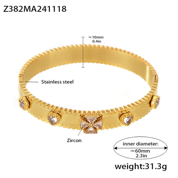 Ladies 316L Stainless Steel Zircon Czech Glass Four Leaf Flower Buckle Gear Bracelet Light Luxury Style 18K Gold Plated