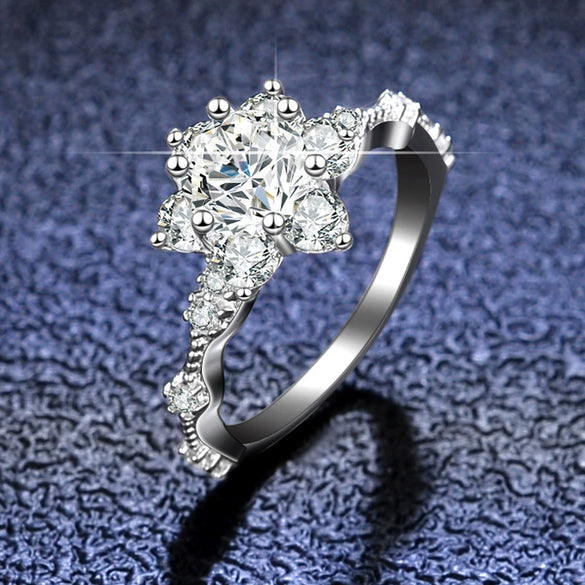 Ladies 925 Sterling Silver Sunflower Ring With Moissanite And Classic Sixclaw Design