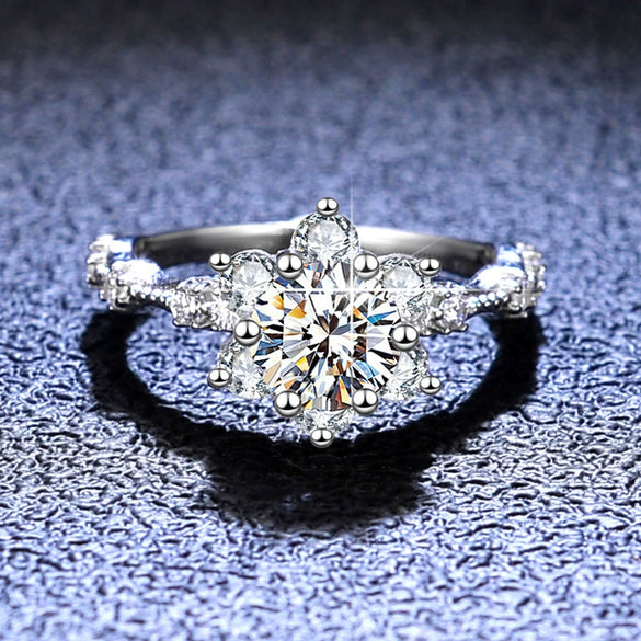 Ladies 925 Sterling Silver Sunflower Ring With Moissanite And Classic Sixclaw Design