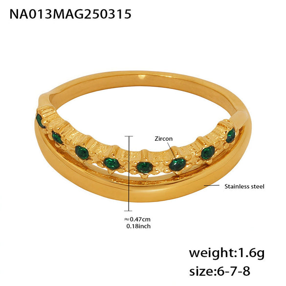 Ladies Tail Ring Stainless Steel 316L Stainless Steel Green Zircon Geometric Electroplating 18K Gold Plated