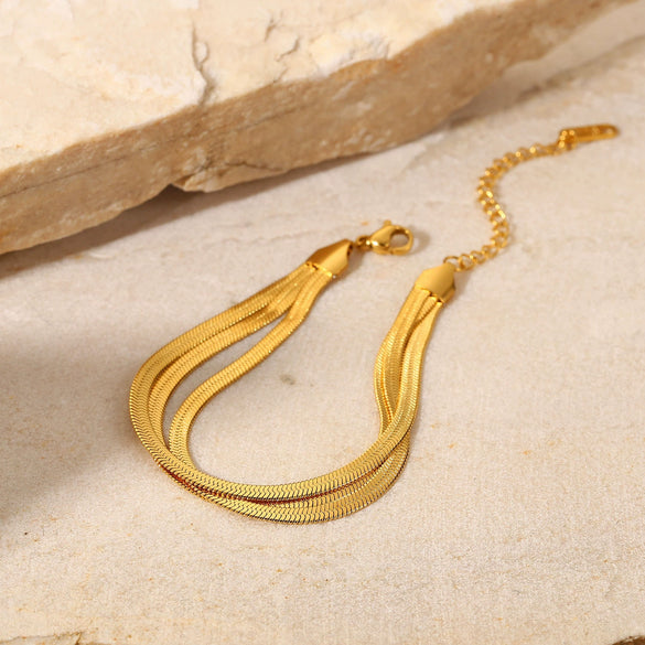 Ladies Three Layer Exquisite Flat Snake Chain Stainless Steel Bone Chain Bracelet 18K Gold Plated Geometric Style Wrist Jewelry