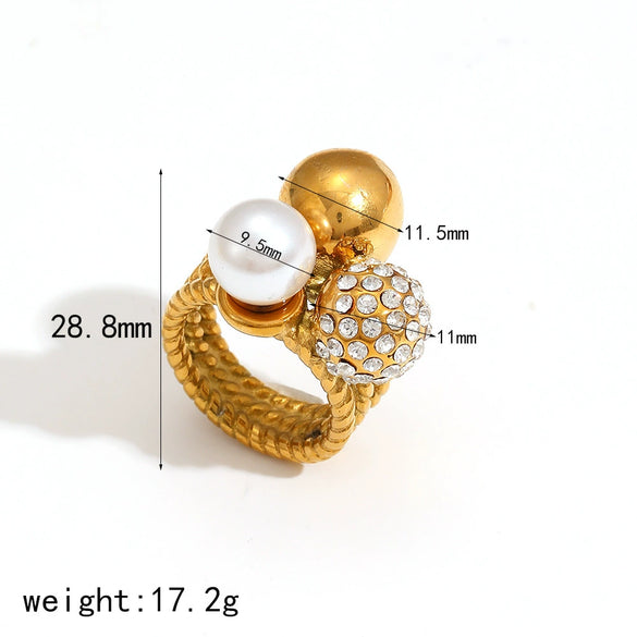 Ladies Titanium Steel And Stainless Steel Ball Ring Set With Imitation Pearls And Diamonds In Geometric Style