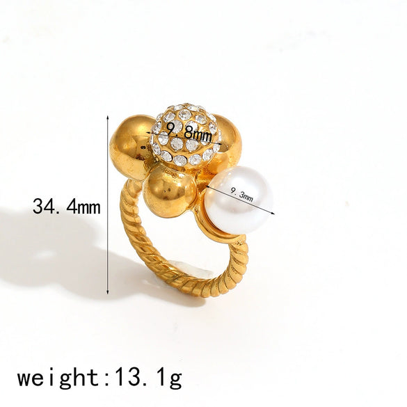 Ladies Titanium Steel And Stainless Steel Ball Ring Set With Imitation Pearls And Diamonds In Geometric Style