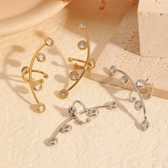 Ladies Titanium Steel Ear Clips With 18K Gold Diamond Zircon Geometric Style Electroplating Process High Sense