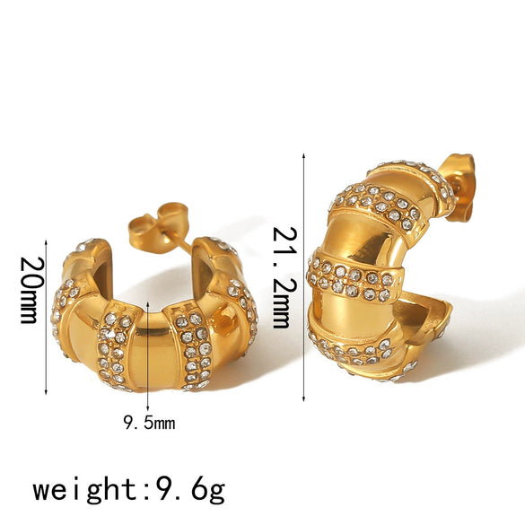 Ladies Titanium Steel Earrings Cshaped Bamboo Bread Diamond Geometric Light Luxury