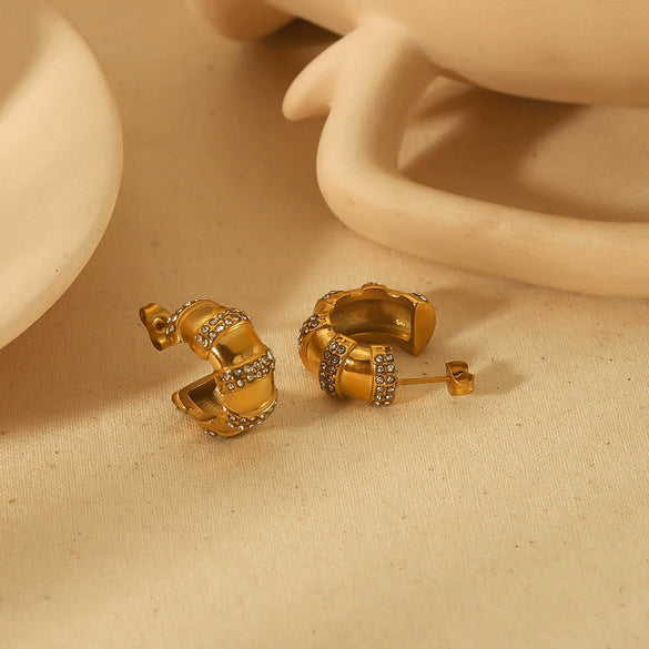 Ladies Titanium Steel Earrings Cshaped Bamboo Bread Diamond Geometric Light Luxury