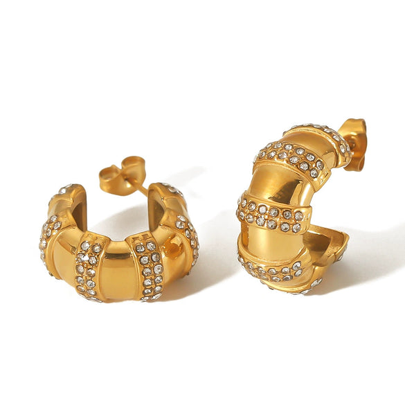 Ladies Titanium Steel Earrings Cshaped Bamboo Bread Diamond Geometric Light Luxury