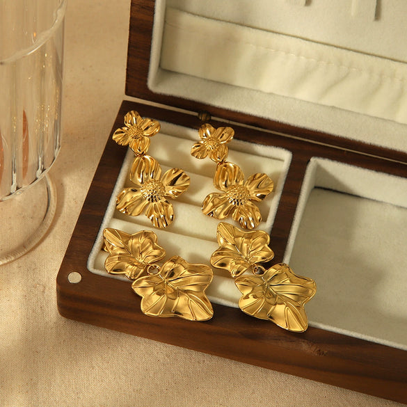 Ladies Titanium Steel Electroplated Flower Leaves Earrings