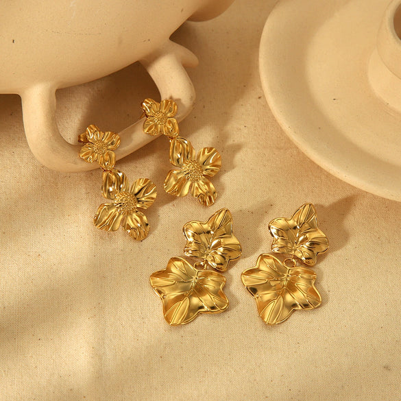Ladies Titanium Steel Electroplated Flower Leaves Earrings
