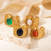 Ladies Titanium Steel Hollow Wide Face Retro Geometric Opening Ring Inlaid With Oval Natural Stone Electroplated