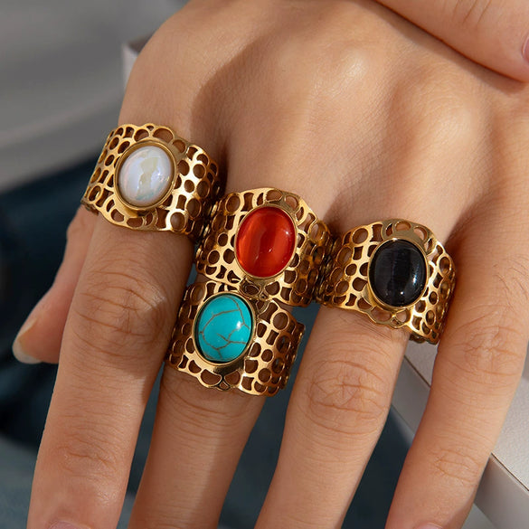 Ladies Titanium Steel Hollow Wide Face Retro Geometric Opening Ring Inlaid With Oval Natural Stone Electroplated