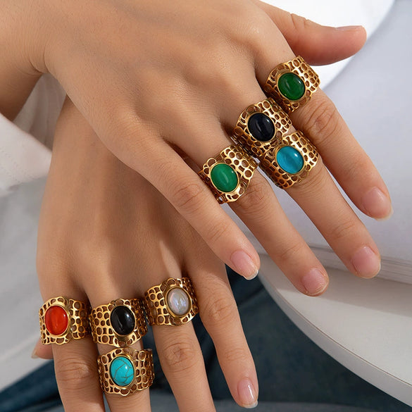 Ladies Titanium Steel Hollow Wide Face Retro Geometric Opening Ring Inlaid With Oval Natural Stone Electroplated