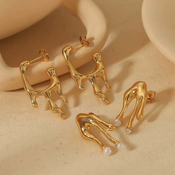 Ladies Titanium Steel 18K Gold Electroplated Geometric Lava Water Droplets Pearl Earrings