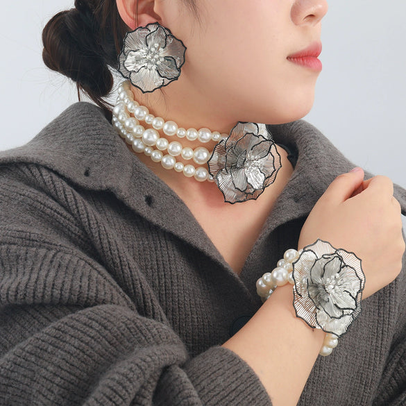 Ladies Vintage Jewelry Alloy Imitation Pearls Flower Ball Chain Electroplated Necklace Bracelet Earrings