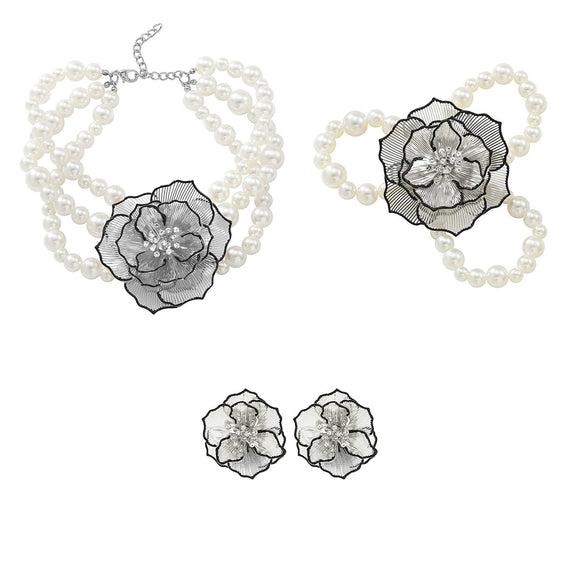 Ladies Vintage Jewelry Alloy Imitation Pearls Flower Ball Chain Electroplated Necklace Bracelet Earrings