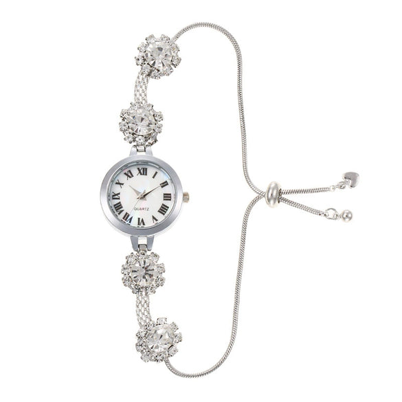 Ladies Watch Alloy Round Dial Fashion Simple Roman Numerals Pullout Bracelet