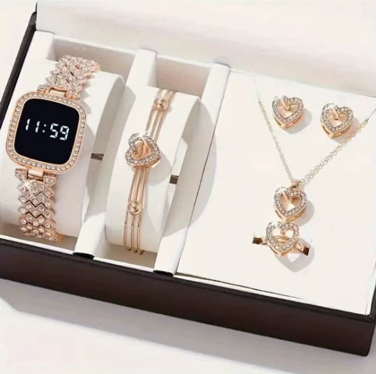 Ladies Watch And Jewelry Set Casual Style Alloy Case Stainless Steel Strap Round Dial Printed Logo