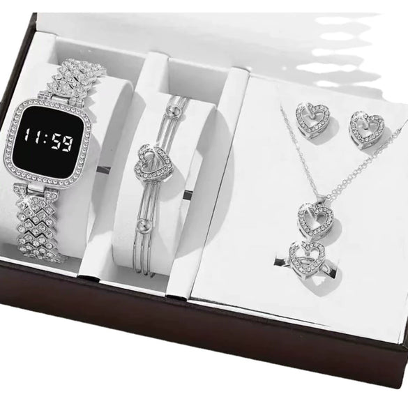 Ladies Watch And Jewelry Set Casual Style Alloy Case Stainless Steel Strap Round Dial Printed Logo