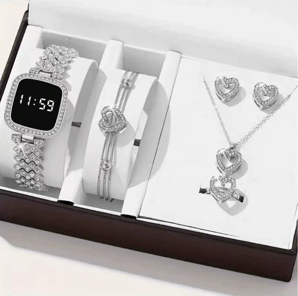 Ladies Watch And Jewelry Set Casual Style Alloy Case Stainless Steel Strap Round Dial Printed Logo