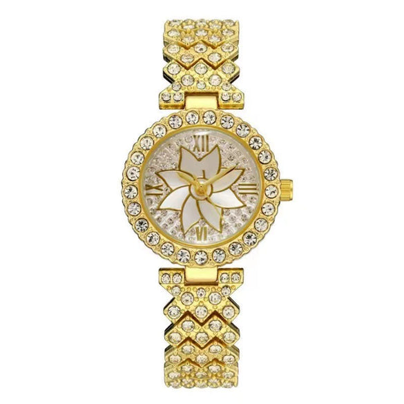 Ladies Watch Bracelet Alloy Stainless Steel Round Rhinestone Flower Baby's Breath Style