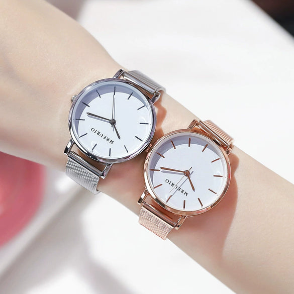 Ladies Watch Stainless Steel Mesh Belt Metal Dial Fashion Style
