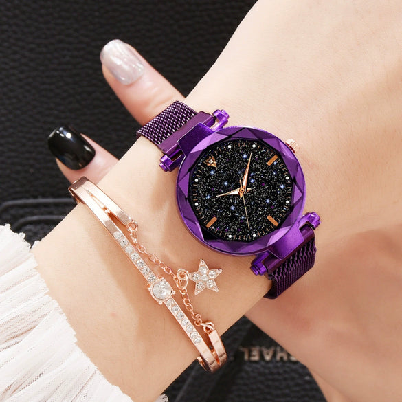 Ladies Watch Titanium Metal Magnet Buckle Glass Case Alloy Strap Round Dial Leisure Style