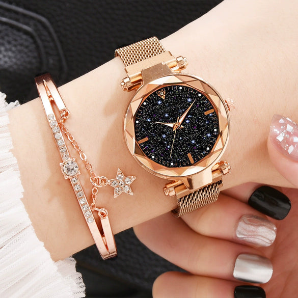Ladies Watch Titanium Metal Magnet Buckle Glass Case Alloy Strap Round Dial Leisure Style