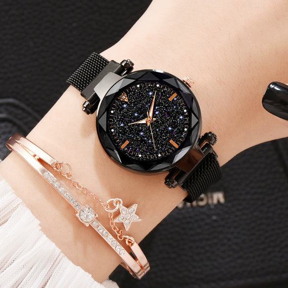 Ladies Watch Titanium Metal Magnet Buckle Glass Case Alloy Strap Round Dial Leisure Style