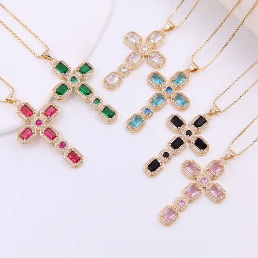 Lady Artistic Shiny Cross Copper 18k Gold Plated Zircon Pendant Necklace In Bulk