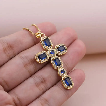 Lady Artistic Shiny Cross Copper 18k Gold Plated Zircon Pendant Necklace In Bulk