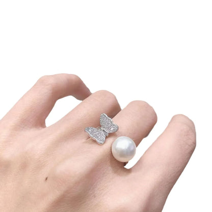 Lady Bow Knot Imitation Pearl Plating Inlay Artificial Diamond Women's Open Rings