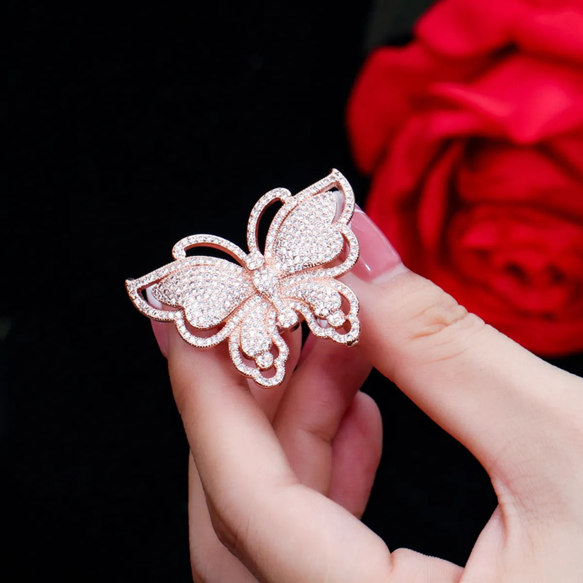 Lady Butterfly Copper Plating Inlay Zircon White Gold Plated Rhodium Plated Rings