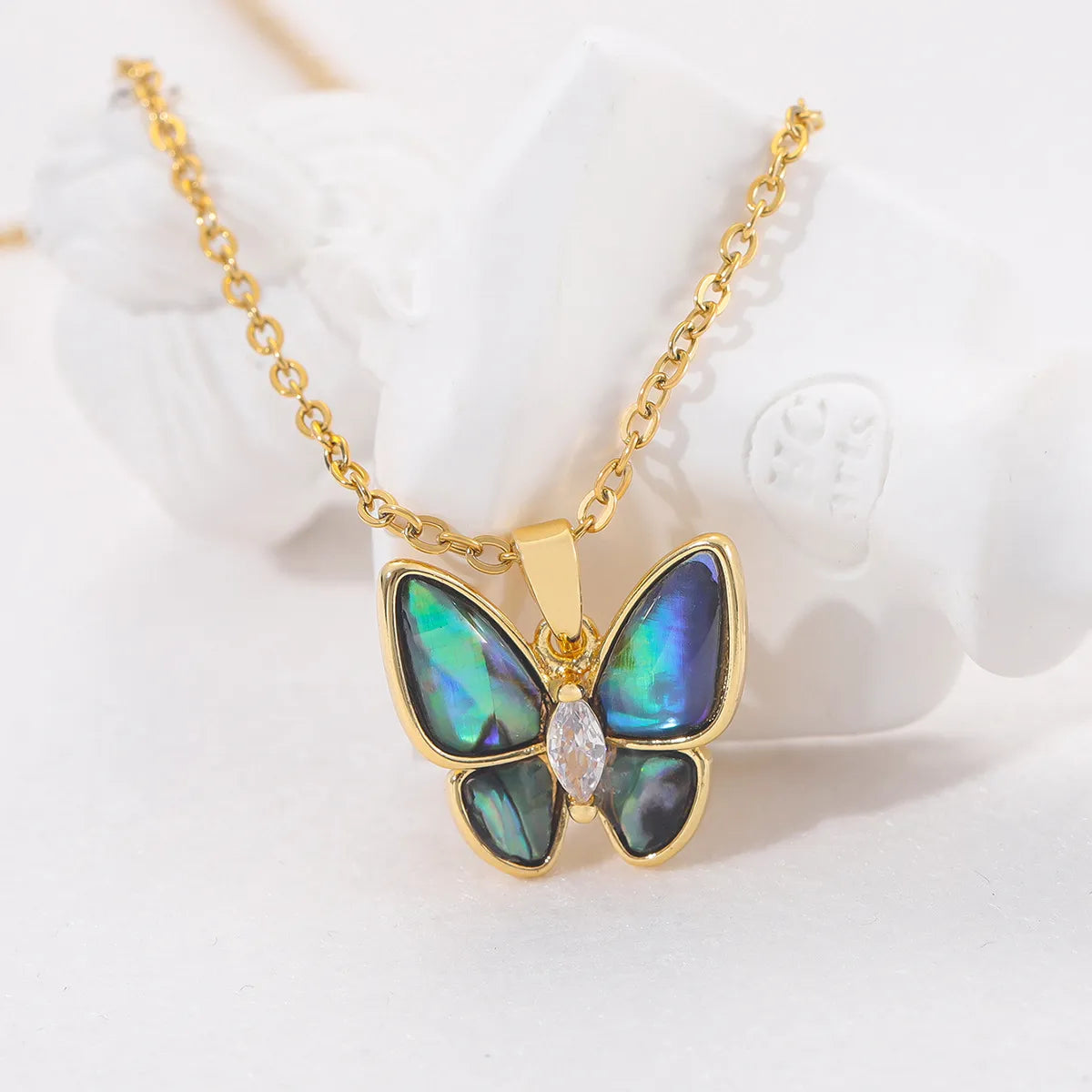 Lady Butterfly Titanium Steel Copper Plating Inlay Artificial Gemstones 18k Gold Plated Pendant Necklace