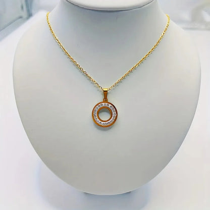 Stainless Steel Gold Plated Lady Plating Inlay Circle Rhinestones Pendant Necklace