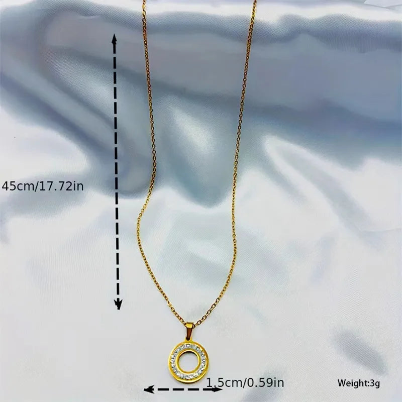 Stainless Steel Gold Plated Lady Plating Inlay Circle Rhinestones Pendant Necklace