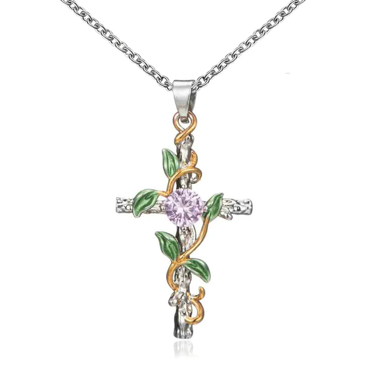 Lady Cross Leaf Artificial Gemstones Alloy Wholesale Pendant Necklace